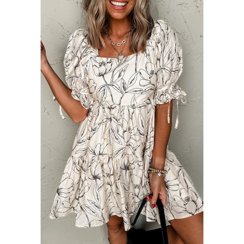 Beige Floral Print Square Neck Shirred Back Puff Sleeve Mini Dress - L - Main Image