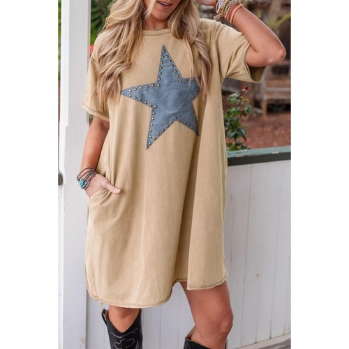 Pale Khaki Mineral Wash Stud Beaded Star Graphic Pocketed T Shirt Dress - S - Main Image