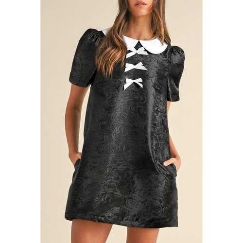 Black Floral Embossed Puff Sleeve Colorblock Bow Collared Mini Dress - M - Main Image