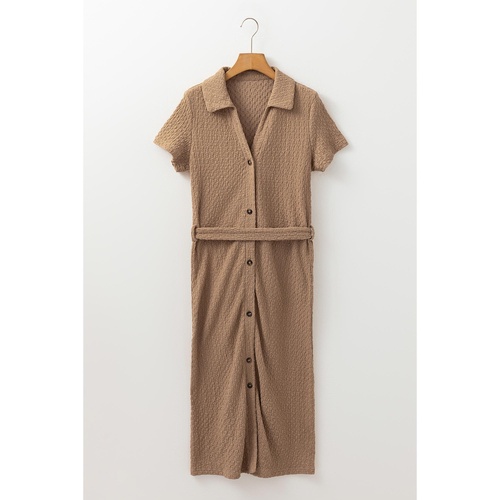 Buckskin Short Sleeve Textured Button Up Tie Waist Long Dress - L - Main Image