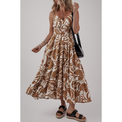 Khaki Floral Shirred High Waist Spaghetti Straps Maxi Dress - L - Main Image