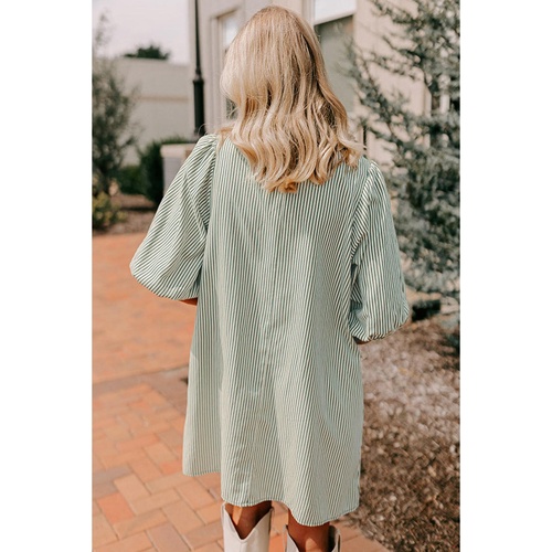 Green Patch Pockets Button Down Short Puff Sleeve Dress - S - Main Image