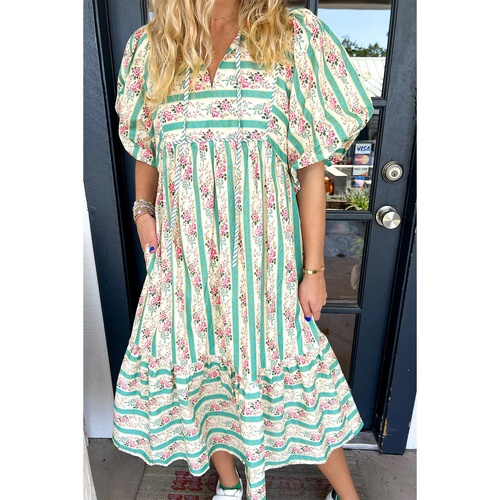 Multicolour Striped Floral Print Tie Split Neck Puff Sleeve Midi Dress - L - Main Image