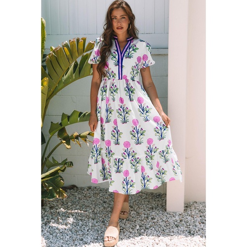 White Floral Puff Short Sleeve V Neck High Waist Maxi Dress - S - Main Image