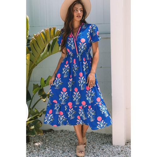 Sky Blue Floral Puff Short Sleeve V Neck High Waist Maxi Dress - L - Main Image