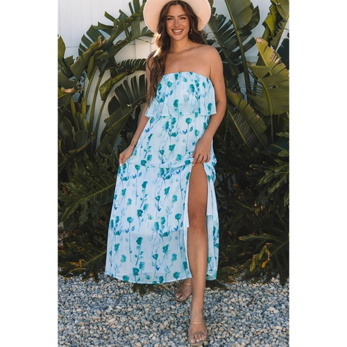 Green Floral Print Ruffled Side Slit Tube Top Maxi Dress - L - Main Image