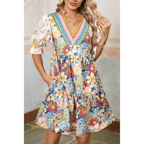 Multicolour Boho Floral Print Crochet Patchwork V Neck Loose Mini Dress - XL - Main Image