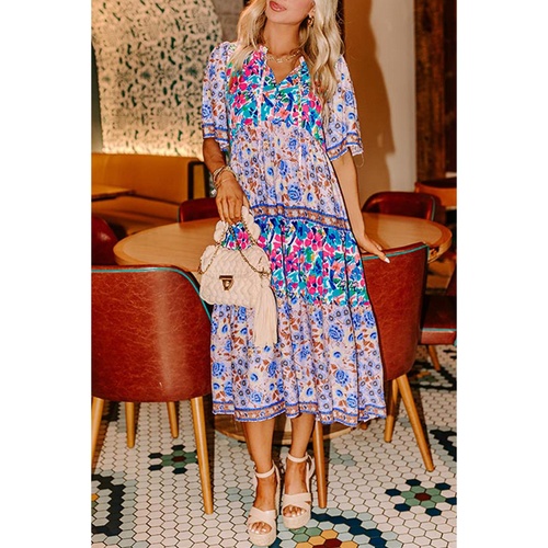 Sky Blue Mixed Floral Print Tie Split Neck Short Sleeve Dress - XL - Main Image