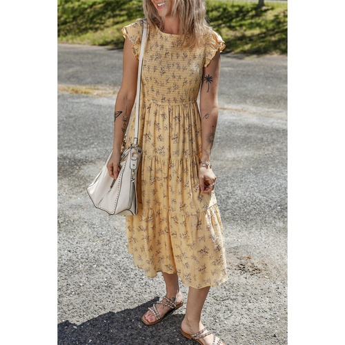 Yellow Boho Floral Print Ruffle Smocked Flowy Summer Dress - S - Main Image