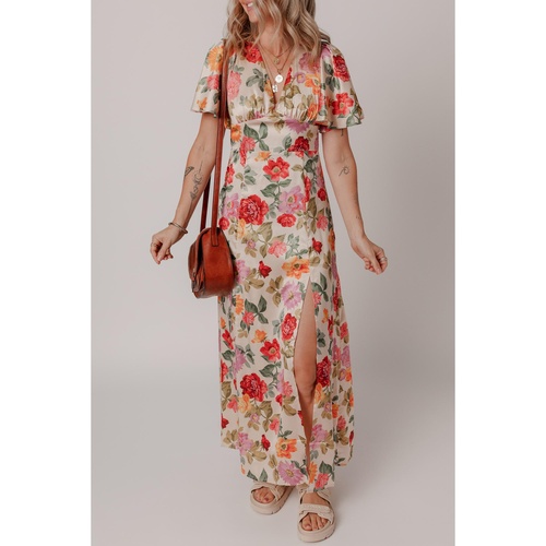 Multicolour Vintage Floral V Neck Short Sleeve Tie Back Long Slit Dress - S - Main Image