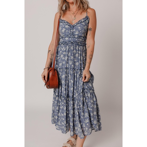 Blue Floral Spaghetti Strap Frilled V Neck Tiered Midi Dress - L - Main Image