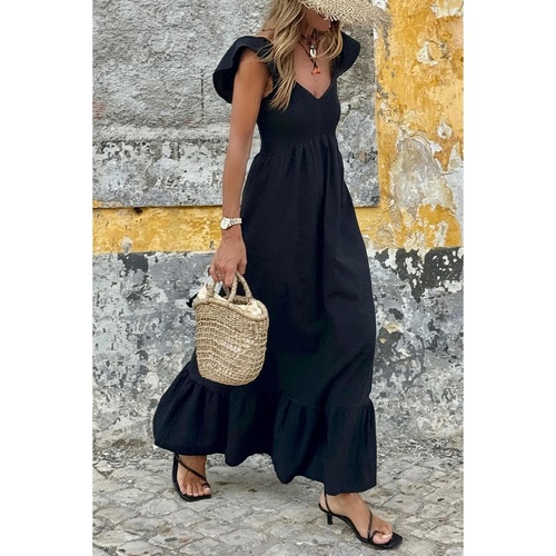 Black V Neck Flutter Sleeve Smocked Bodice High Waist Ruffle Maxi Dress - L - Main Image