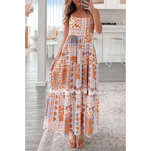 Orange Multi Printed Ricrac Trim Spaghetti Straps Maxi Dress - L - Main Image