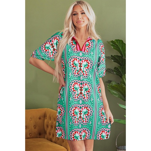 Mint Green Geometric Butterfly Print Split Neck Short Sleeve Dress - L - Main Image