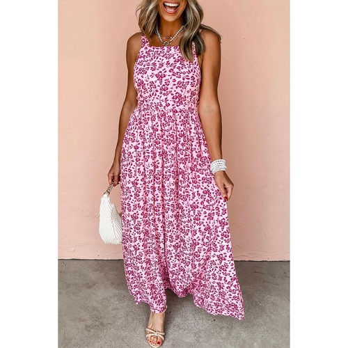 Pink Floral Cutout Back Empire Waist Sleeveless Maxi Dress - L - Main Image