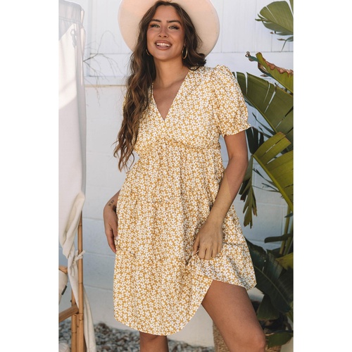 Yellow Floral Short Sleeve V Neck Frilly Tiered Mini Dress - L - Main Image