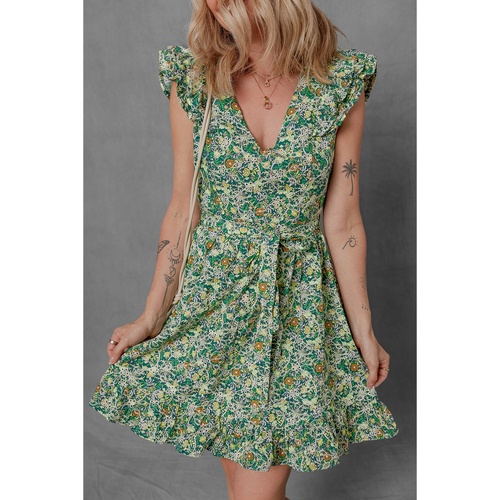 Green Flower Print Flutter Sleeve V Neck Sashed Ruffled Mini Dress - S - Main Image
