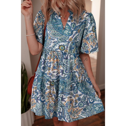 Blue Bohemian Paisley Floral V Neck Short Sleeve Mini Dress - S - Main Image