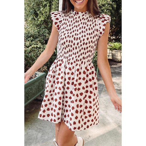 Brown Abstract Printed Flutter Sleeve Smocked Bodice Short Dress - L - Main Image