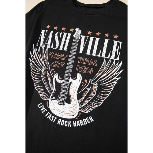 Black Nashville Guitar Print Crew Neck T Shirt Mini Dress - M - Main Image