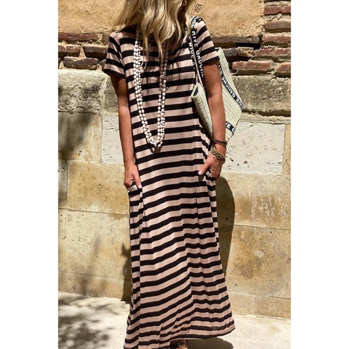 Black Stripe Casual Round Neck T-shirt Maxi Dress with Pockets - XL - Main Image
