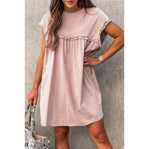 Oatmeal Frilled Trim Crew Neck Loose Fit Mini Dress - L - Main Image