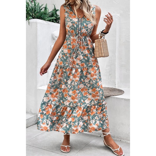 Green Floral Print Trimmed V Neck Tie Waist Sleeveless Holiday Long Dress - M - Main Image
