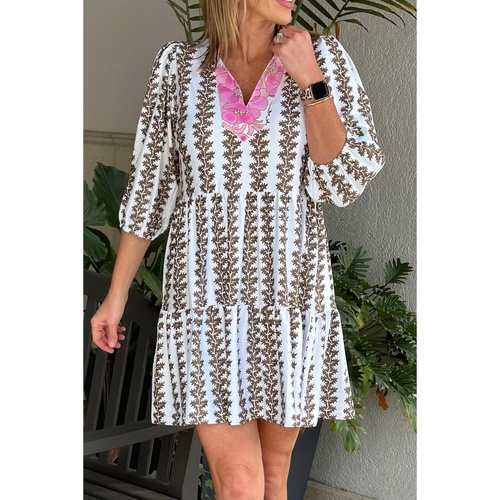 Black Contrast Floral V Neck Printed Bracelet Sleeve Dress - M - Main Image