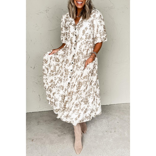 Khaki Floral Puff Sleeve V Neck Buttoned Front Maxi Dress - L - Main Image