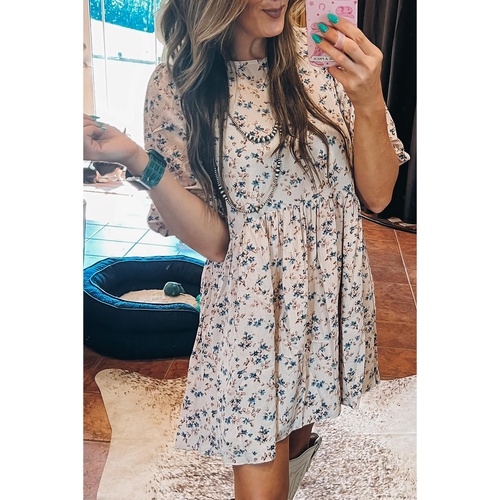 Beige Floral Puff Short Sleeve Empire Waist Mini Dress - L - Main Image