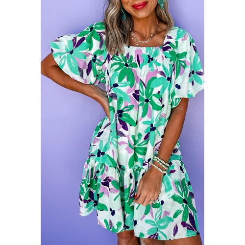 Green Floral Print Shirred Square Neck Loose Fit Mini Dress - L - Main Image