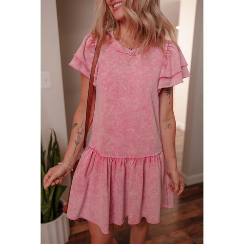 Sachet Pink Mineral Wash Raw Edge Ruffle Mini Dress - M - Main Image