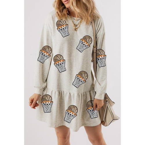 White Sequined Basketball Patched Ruffled Long Sleeve Mini Dress - S - Main Image