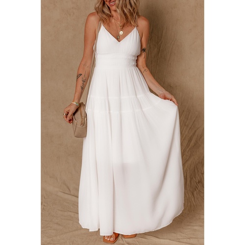 White Spaghetti Straps High Waist Elegant Long Dress - L - Main Image