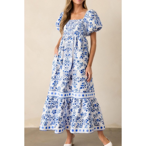Sky Blue Floral Print Square Neck Bubble Sleeve High Waist Maxi Dress - L - Main Image