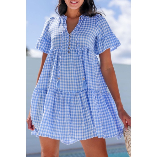 Sky Blue Gingham Short Sleeve Button Tie Split Neck Loose Mini Dress - L - Main Image