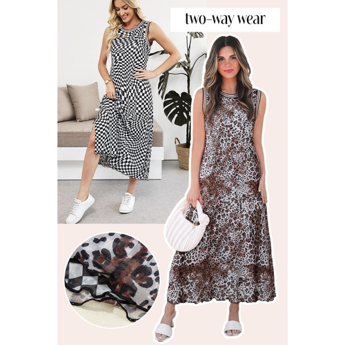Multicolour Leopard Checkered Double Printed Reversible Sleeveless Long Dress - L - Main Image