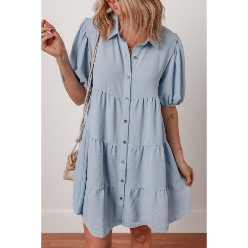 Beau Blue Shirt Collar Button Up Short Puff Sleeve Tiered Shift Dress - M - Main Image
