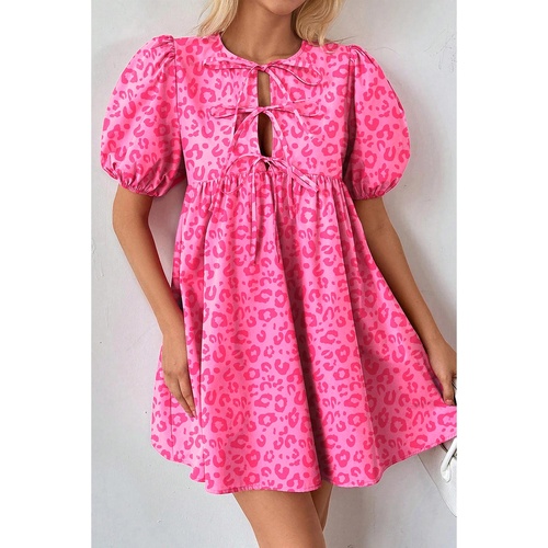 Rose Leopard Puff Sleeve Tie Front High Waist Mini Dress - M - Main Image