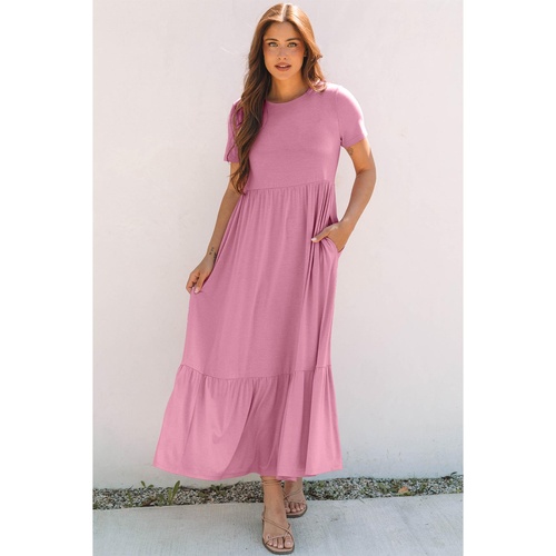 Pink Solid Color T-shirt High Waist Pocketed Long Dress - M - Main Image