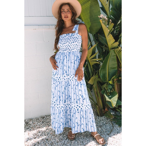 Sky Blue Floral Smocked Tied Straps A-Lined Tiered Maxi Dress - S - Main Image