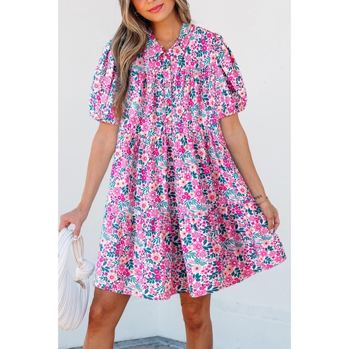 Pink Floral Collared Half Placket Short Sleeve Loose Dress - L - Main Image