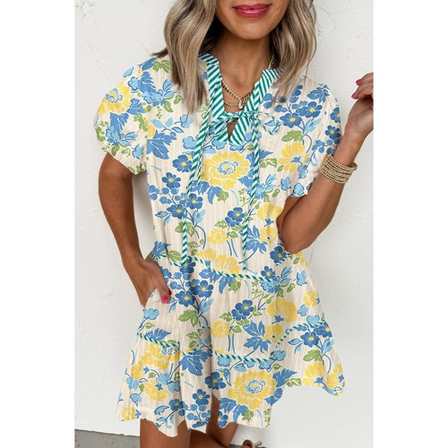 Blue Floral Striped Trim Puff Short Sleeve Dress - XL - Main Image