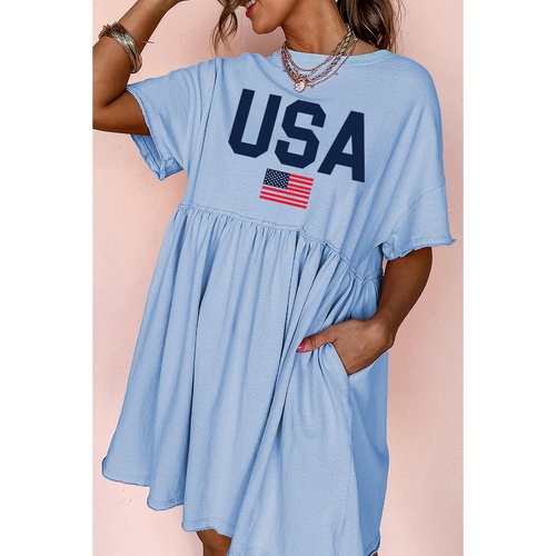 Sky Blue USA Flag Print Short Sleeve High Waist Babydoll Dress - M - Main Image