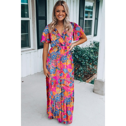 Rose Wrap V Neck Floral Maxi Dress - M - Main Image