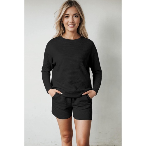 Black Textured Long Sleeve Top and Drawstring Shorts Set - S - Main Image