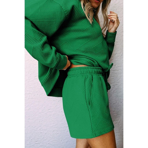 Green Textured Long Sleeve Top and Drawstring Shorts Set - M - Main Image