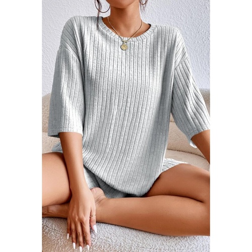 Gray Plain Ribbed Loose Fit Two Piece Lounge Set - M - Main Image