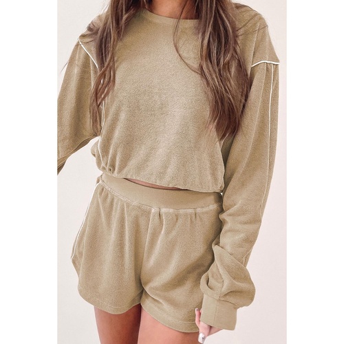 Azura Exchange Khaki Piping Trim Long Sleeve Terry Shorts Set - M - Main Image