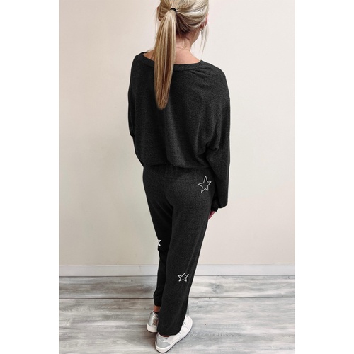 Black Stars Print Long Sleeve Drawstring High Waist Lounge Set - L - Main Image